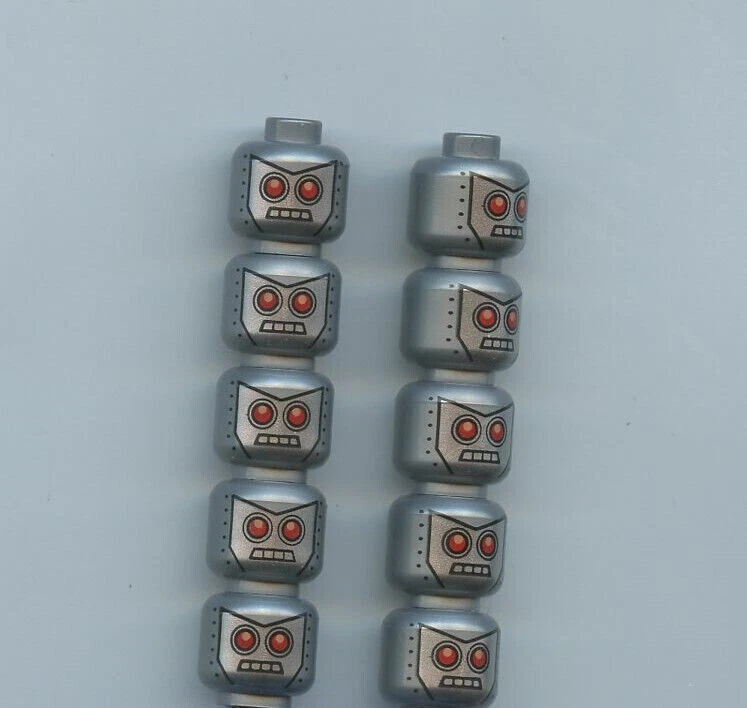 LEGO x 10 Flat Silver Minifigure, Head Alien Red Eyes, 4 Mouth Squares Robo SWAT - Image 1 of 1