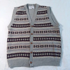 Vintage Herren Pullover Weste XL Karmel grau braun gestreift Lederknöpfe - Bild 1 von 6