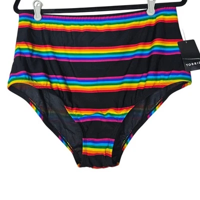 全新 Torrid 1 High-Rise Allover 光滑彩虹条纹游泳底部黑色比基尼 — 第 1/3 张图片