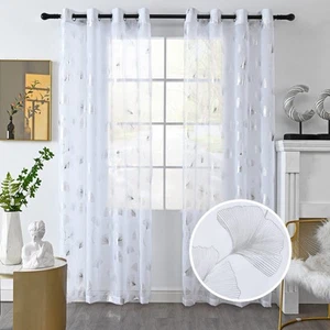 Silver Foil Print Voile Sheer Curtains, Leaves Grommet Top Window Drapes 96 I... - Picture 1 of 9