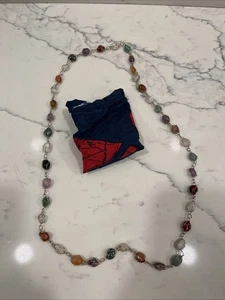 Vintage Caged Semi-Precious Stone Nugget Necklace Silvertone Brasil  32” - Picture 1 of 2
