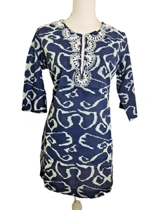 LE SOLEIL Blue Beaded Tunic Top Small NWT Kurta Coverup Ikat - Picture 1 of 9