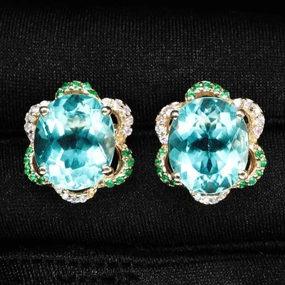 Luxurious Sky Blue Aquamarine 9.12Ct 925 Sterling Silver Rose Gold Halo Earrings - Image 1 of 4