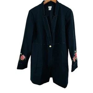 Chicos 1 Floral Embroidery Ponte Long Jacket Coat Women M Cottage Boho Artsy - Picture 1 of 16
