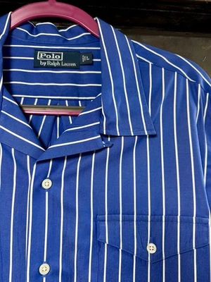 Vintage Polo Ralph Lauren “Caldwell” blue stripe Loop Collar Camp Shirt sz Large - Image 1 of 4
