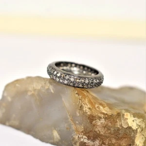 Pave Diamond Band Ring, 925 Sterling Silver Oxides Ring, Anniversary Gift Ring - Picture 1 of 5