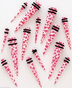 PAIR-Tapers Hearts Pink on White Acrylic 06mm/2 Gauge Body Jewelry