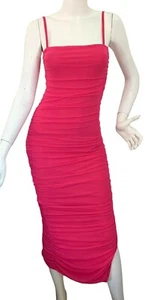 {FASHION NOVA} Dress Midi Pink Bodycon Mesh Ruched Slit Stretch Lined Summer ~S - Picture 1 of 3
