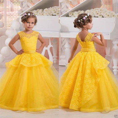Yellow/Pink Flower Girl Dress Party Prom Formal Ball Gowns Lace Up Straps Custom - Image 1 of 4