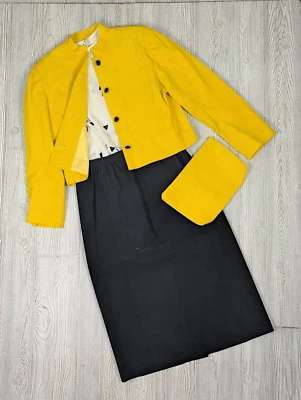 Винтажный Laura Scott юбка костюм горчичный желтый укороченный блейзер и черная юбка Sz - Изображение 1 из 4