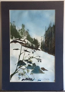"Acuarela vintage firmada FRANCIS DOUGLAS MOTTER - paisaje nevado - alfombra 12""x17""" - Imagen 1 de 8