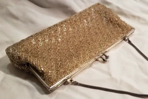 Elegant Vintage Golden Beaded Evening Purse Ivory Color Satin Liner & Pocket 9x5 - Picture 1 of 20