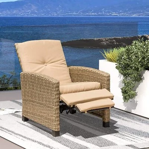 Domi Outdoor Recliner, All-Weather Wicker Reclining Patio Chair, Khaki Cushions - Picture 1 of 9
