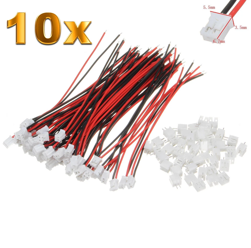 ✅10 Set (20 Stück) 2Pin 2.0 PH 2.0mm Mini Micro JST Stecker + 12cm Kabel +Buchse