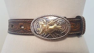 Nocona Brown Leather Belt Bull Riding Two Tone Belt Buckle Sz 24 - Picture 1 of 1