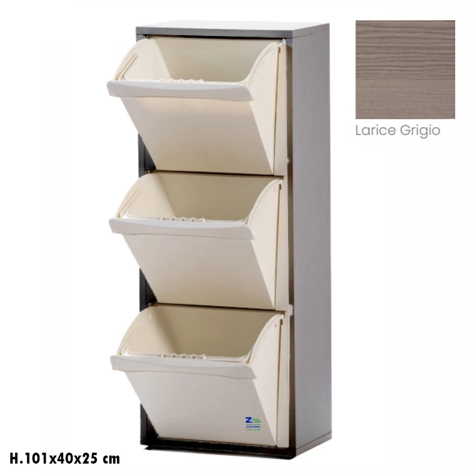 MOBILE MOBILETTO PATTUMIERA PER RACCOLTA DIFFERENZIATA 3 SCOMPARTI LARICE GRIGIO - Immagine 1 di 1