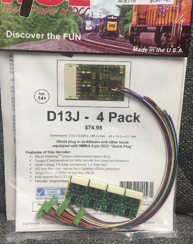 NCE 175 D13J 4-pk DCC Decoders 9-pin JST Quick-Plug (was D13SRJ)     | $5 Offer - Image 1 of 1