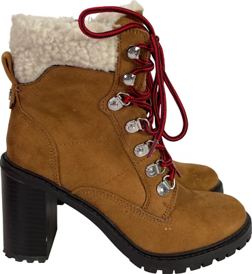 Nine West Women’s Brown Peer 2 Sherpa Cuff Lace Up Block Heel Boots - 8 - Image 1 of 4