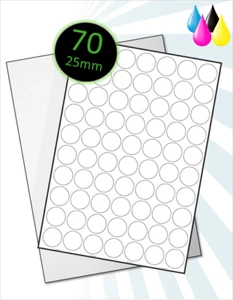 Shiny High Gloss A4 Sheets - 70 Round Glossy White Circle Inkjet Printer Labels - Picture 1 of 1