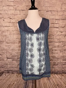Izod Blue Floral Mesh Crochet Lace Trim Tie Neck Sleeveless Top Size Small - Picture 1 of 12