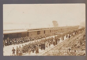 Jefferson Barracks MISSOURI RPPC c1918 WW1 SOLDIERS Leaving DEPOT TRAIN Railroad - Picture 1 of 3