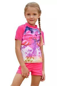 Girls Pink Flamingo Big Kid Tankini Swimsuit Swim Short Sleeve Rash Guard Set - Picture 1 of 5