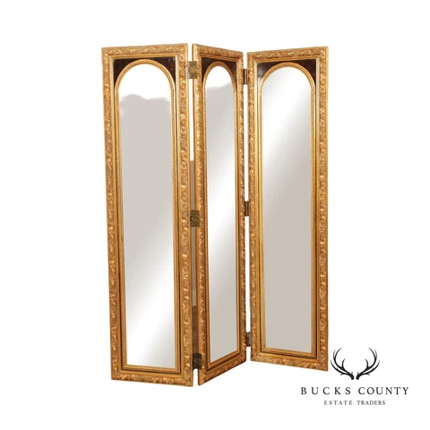 Vintage Gilt Mirrored 3-Panel Folding Dressing Screen Cover