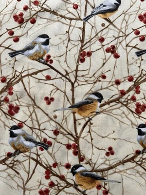 Timeless Treasures Chickadee with Twigs Berries Cotton - BY THE HALF YARD -Rare - Image 1 of 4