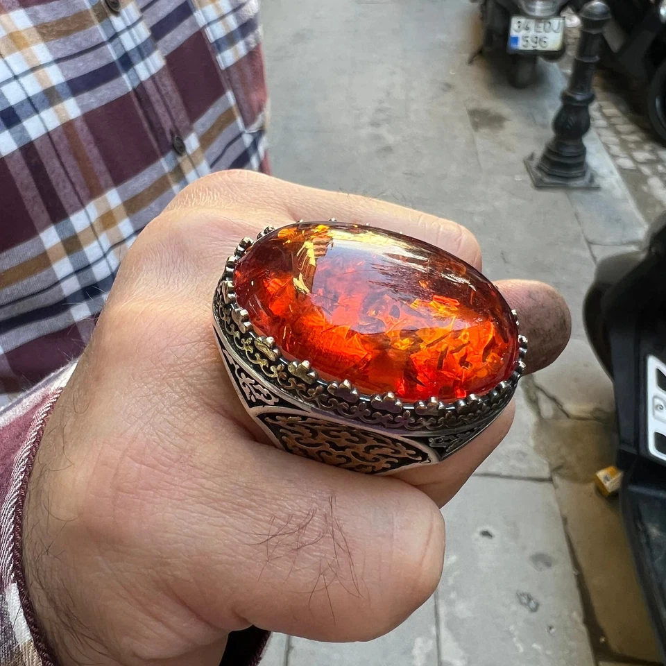 Anillo otomano grande de plata 925 ámbar báltico piedra ámbar natural Foto 1 de 4