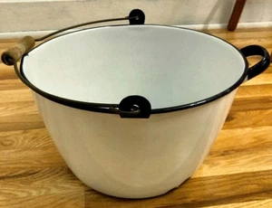 Vintage Enamel White with Blue Trim Bucket with Wire Wooden Handle - Picture 1 of 16