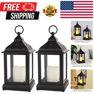 2-Pack 9.5" Vintage Decorative Candle Lanterns with LED Timer, Black Elegance - Image 1 of 4