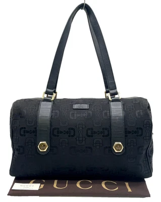 Auth Gucci 248268 Horsebit Pattern Canvas Leather Black Tote Bag W/D TF100019 - Image 1 of 4