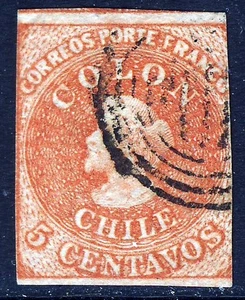 CHILE 1857 5c COLON ESTANCOS PRINTING Chile #9 Scott # 9 SG 18/22  Watermark 1 - Picture 1 of 2