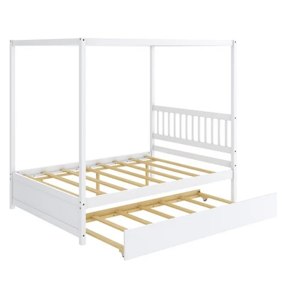 Full Size Canopy Bed w/Trundle Wooden Platform Bed Frame Headboard White - Image 1 of 4