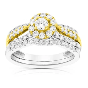 1 ct Diamond Wedding Ring Bridal Set for Women 14K White and Yellow Gold Round - Picture 1 of 9