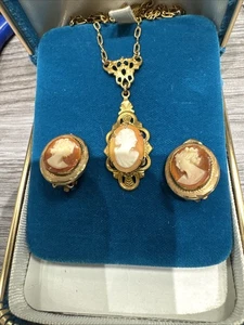 14k Gold Fill Antike Muschel Kamee Clip Ohrringe und Halskette - Bild 1 von 12