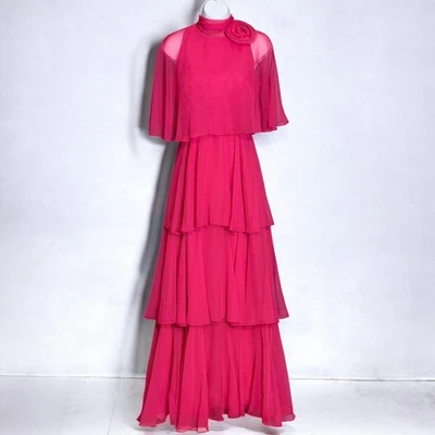 Vestido maxi de formatura vintage Miss Elliette rosa em camadas chiffon retrô anos 70 tamanho 9 - Imagem 1 de 4