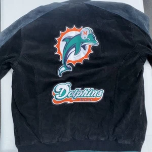 Chaqueta de gamuza Miami Dolphins para hombre M audaz bordado y gráficos de cuero - Imagen 1 de 13