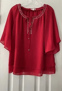 John Paul Richard Size Small Red Studded Neckline Flutter Sleeves Shirt Top - Picture 1 of 6