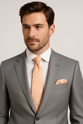 FASHION HABITAT Mens Tie Jacquard Paisley Peach Orange Handkerchief Set Silk Pocket Square Hanky