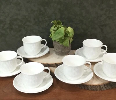 6 tazas y platillos Wedgwood Nantucket, tejido de canasta, porcelana de hueso blanco, Inglaterra Foto 1 de 4