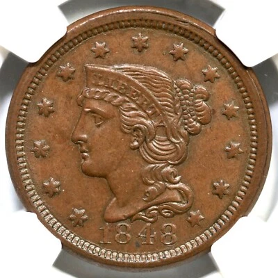 1848 N-25 R-4 NGC MS 64 BN Braided Hair Large Cent Coin 1c - Image 1 of 4