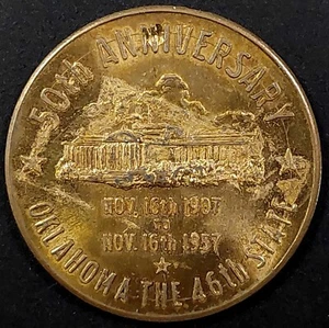 Gettone commemorativo in ottone 50° anniversario Oklahoma Statehood 1957! 32 mm - Foto 1 di 4