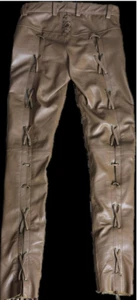 New Men's Original Cowhide Leather Brown Front and.Back LacedUp Real Disco Pants - Picture 1 of 6