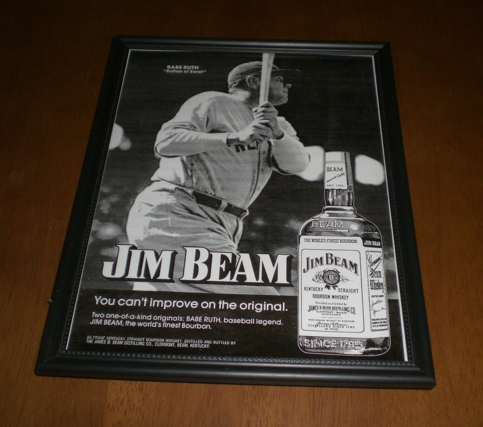 JIM BEAM BOURBON & BABE RUTH "THE SULTAN OF SWAT" FRAMED B&W AD PRINT - Image 1 of 1