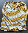 Little Yellow Button Blouse Shirt Long Sleeve Yellow Striped Flowers V-Neck M