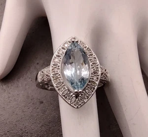 Estate Sterling Silver Marquise Aquamarine & Diamond Halo Cocktail Ring Sz 10 - Picture 1 of 16