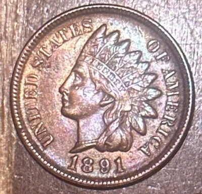 1891 - P * INDIAN HEAD PENNY * 1c CENT ALMOST UNCIRCULATED FULL LIBERTY DIAMONDS - Image 1 of 2