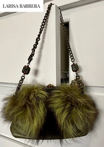 $2,300.00 LARISA BARRERA Couture Green VINTAGE Jewelled Fur Leather LUX Handbag - Picture 1 of 23