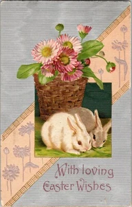 With Loving Easter Wishes 1908 Postcard Bunnies Basket Flowers Moire Background - Picture 1 of 2
